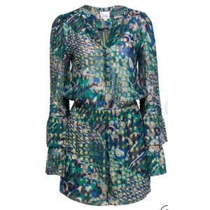 Parker Green, Blue & Gold Bohemian Print Bell Sleeve Silk Short Dress Sz XS